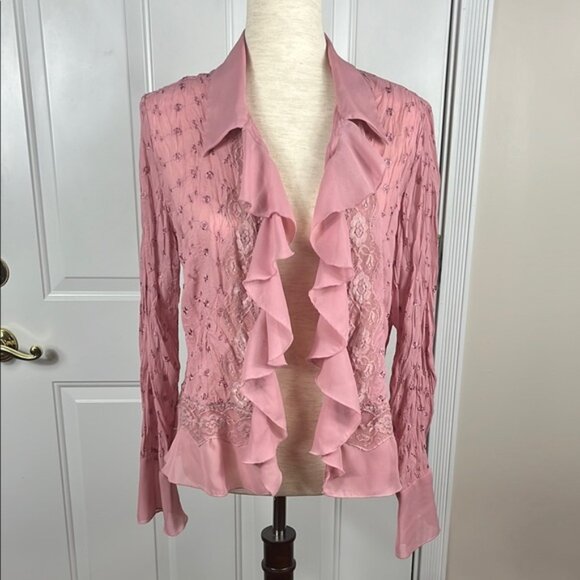 Allison Taylor Mauve Ruffled Crinkle Blouse with Eyelet and Lace Detail - Large - Picture 4 of 15